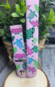 Sea turtles, hibiscus flowers, engraved smart watch band,Samsung engraved watch band, Fitbit versa 2, gift for mom, monstera leaf colorful