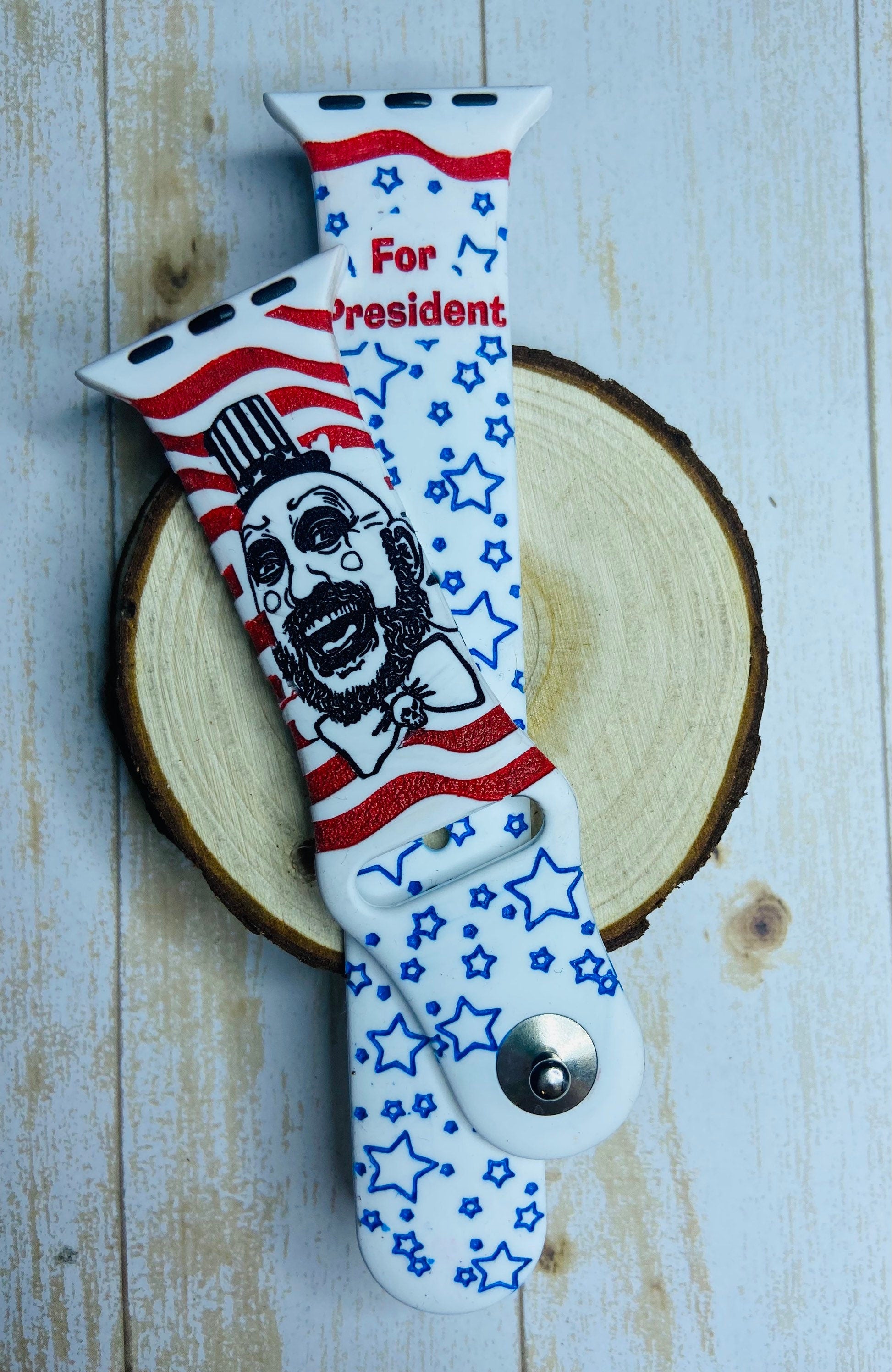 Engraved  smart Watch band, Samsung, Fitbit versa 2, American flag, stars, red, white, blue, scary clown, Captain Spaulding,