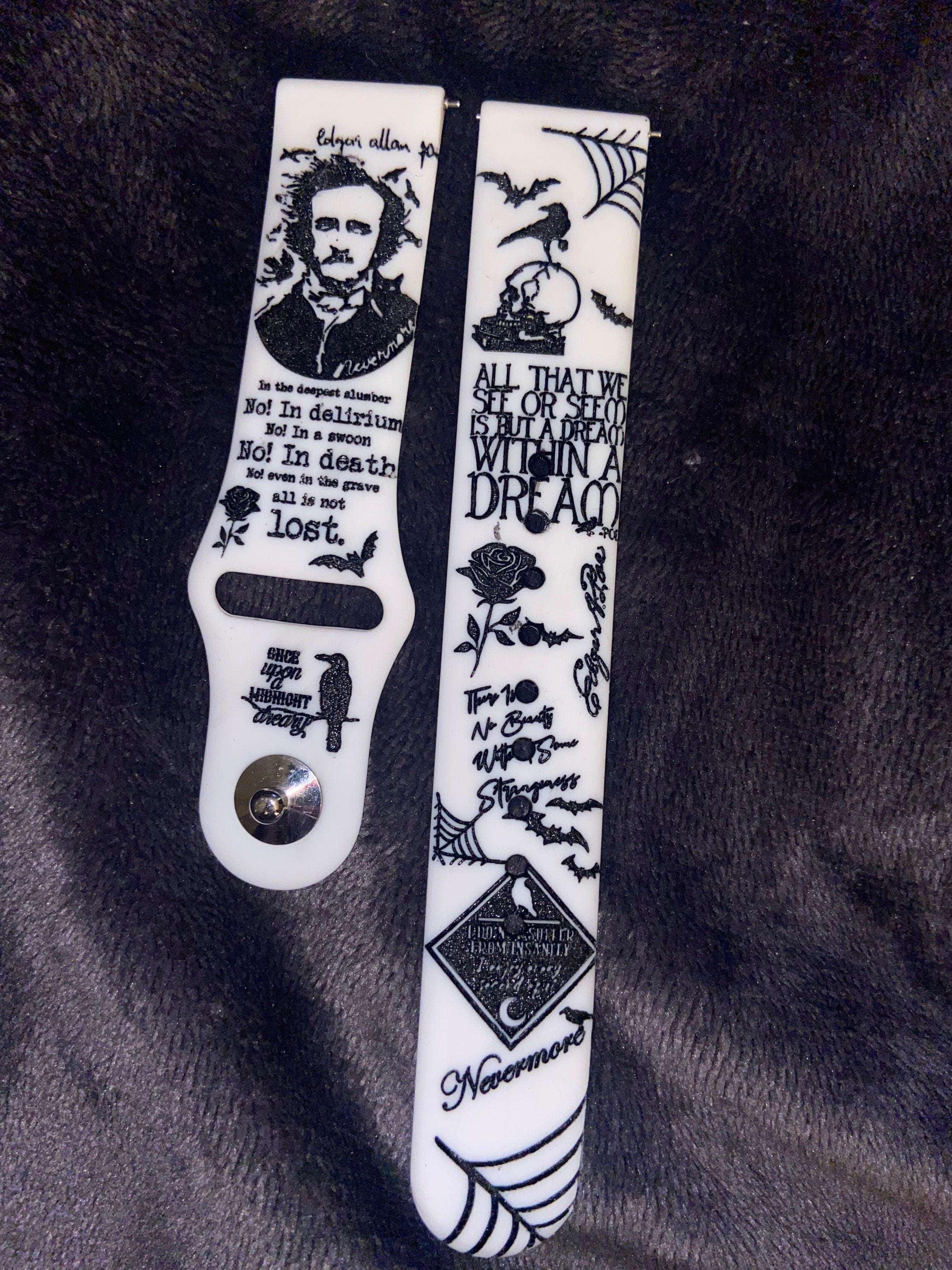 Edgar Allan Poe engraved apple watch band, Samsung engraved watch band, Fitbit versa 2 , nevermore, bats, spiders, black roses