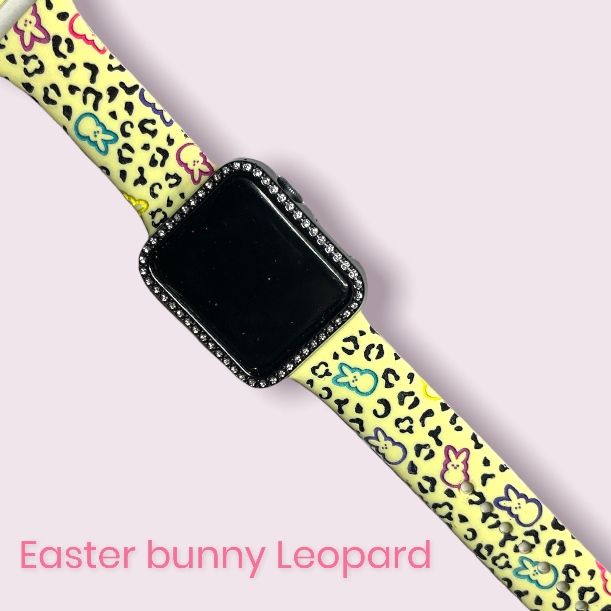 Easter bunny leopard watch band, peeps, engraved apple compatible watch band, samsung galaxy, Fitbit versa 2, Fitbit Versa 3,gift for woman