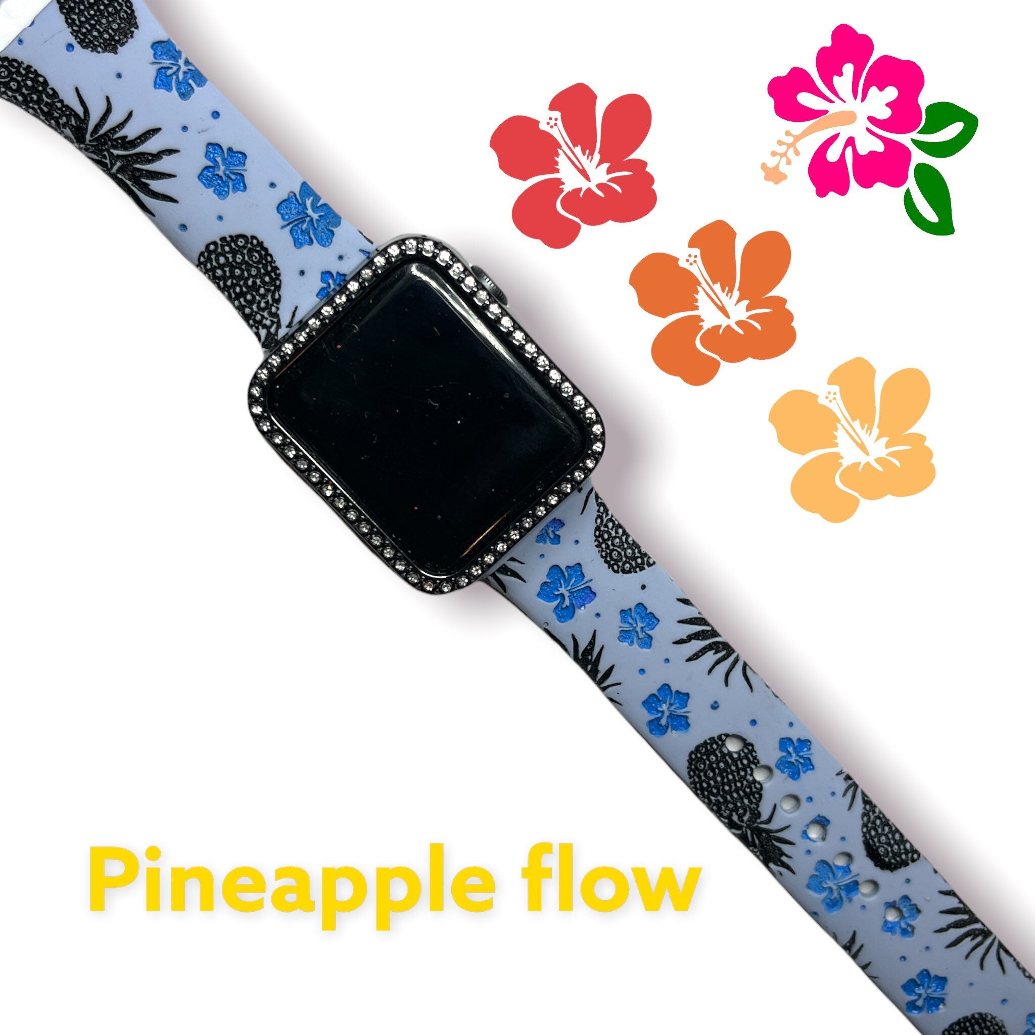 Pineapple hibiscus band, laser engraved smartwatch band, samsung galaxy, Fitbit versa 2, Fitbit Versa 3,gift for woman