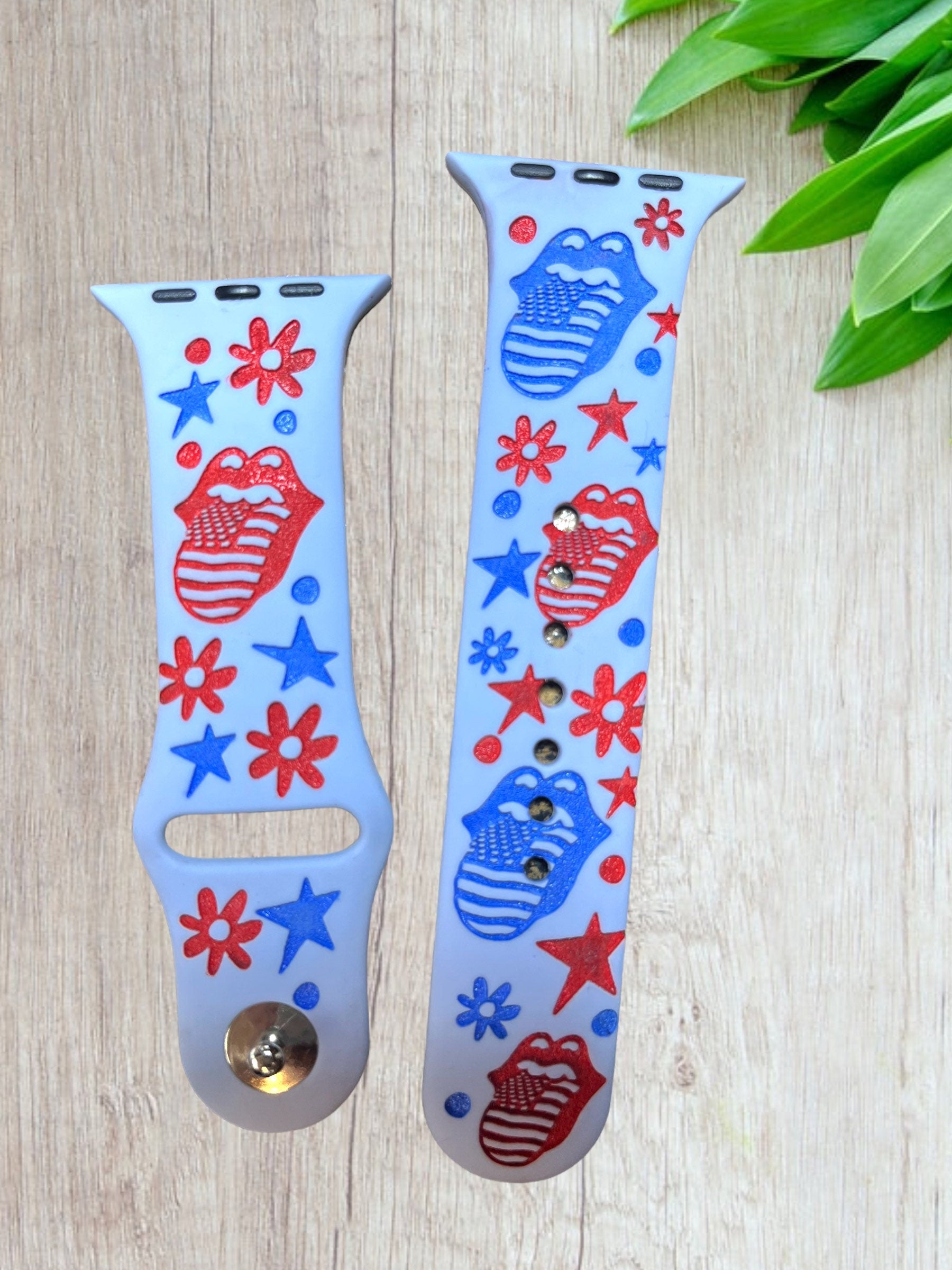 Fourth of July, stars, laser engraved apple compatible watchband,American flag tongue, stars, flowers, Samsung, Fitbit Versa 2, Fitbit sense