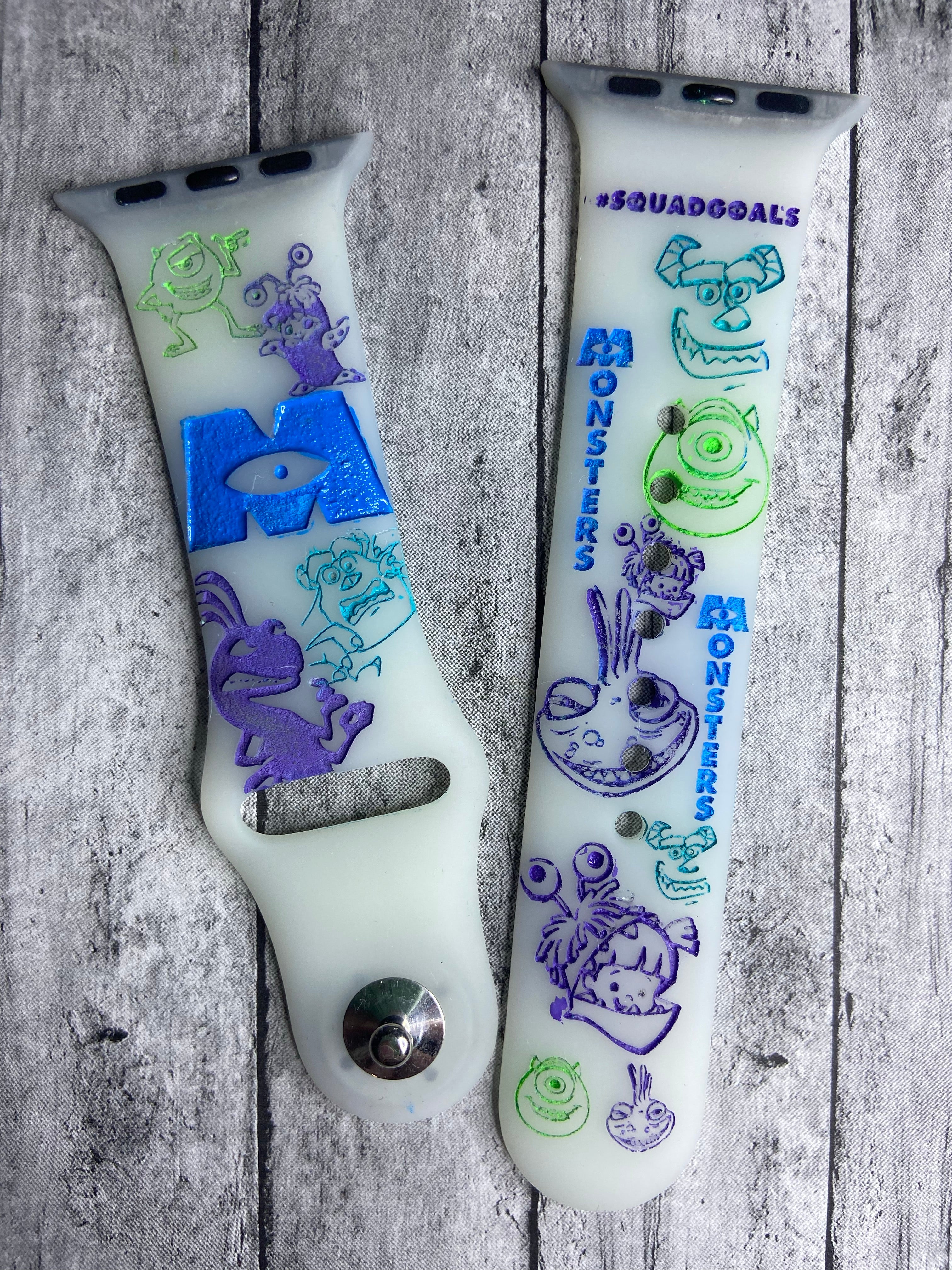 Monsters inc engraved Apple Watch band, Samsung, Fitbit Versa 2