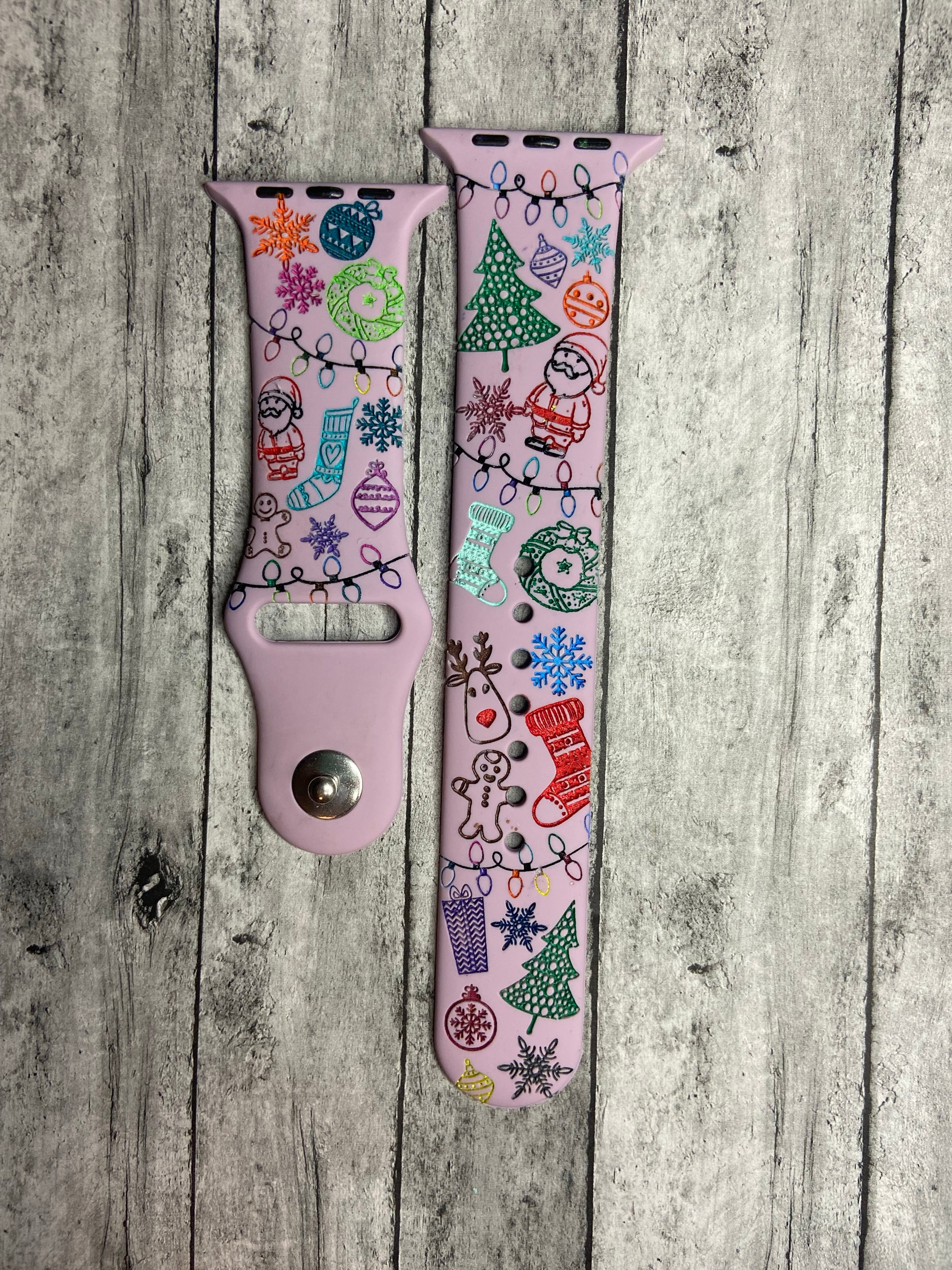 Christmas theme engraved silicone Apple watch band, engraved Samsung Watch band, gift, Fitbit Versa watch, gift for her