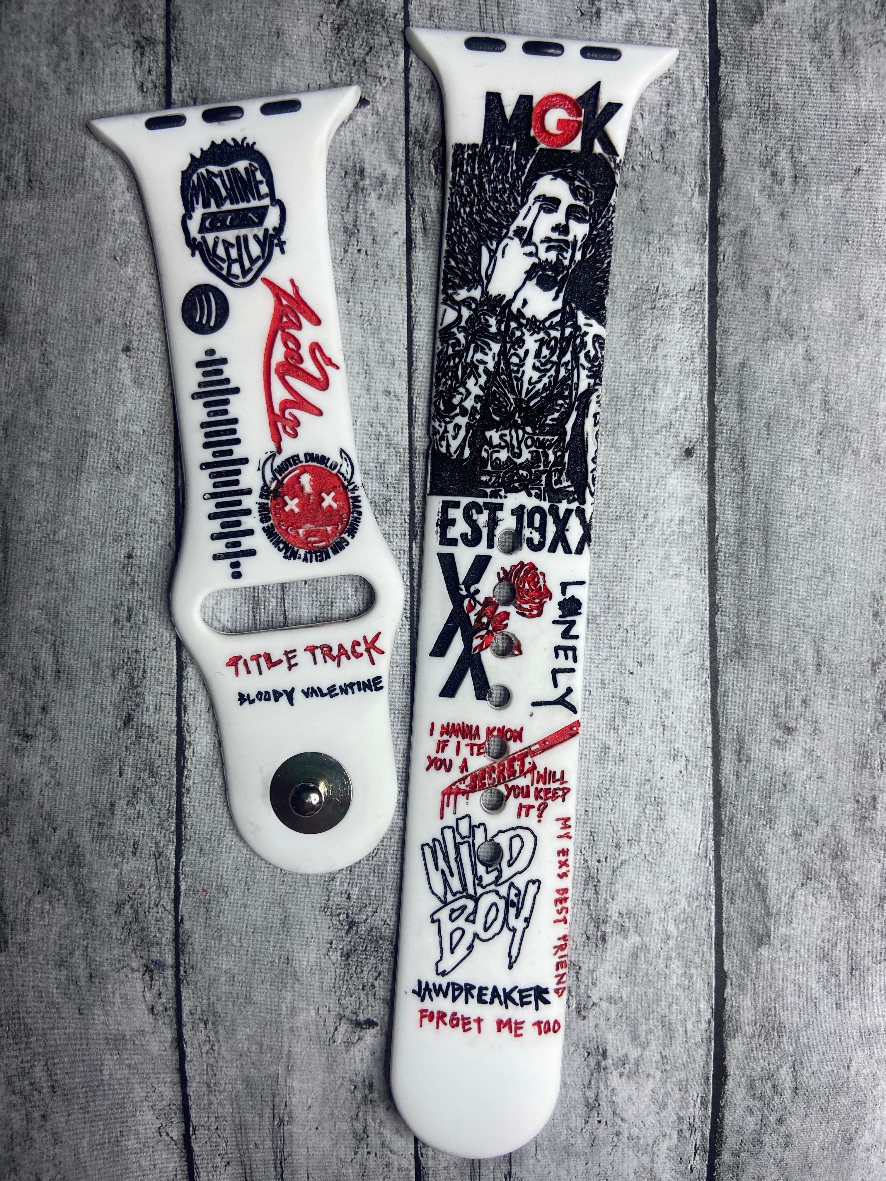 MGK engraved Apple watch band, music theme machine gun Kelly, engraved Samsung Watch band, LV supreme, gift, Fitbit Versa watch, gift for her
