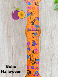 Boho Halloween engraved Apple compatible watch band, engraved Samsung Watch band, Fitbit Versa 2, ghost, pumpkins, flowers